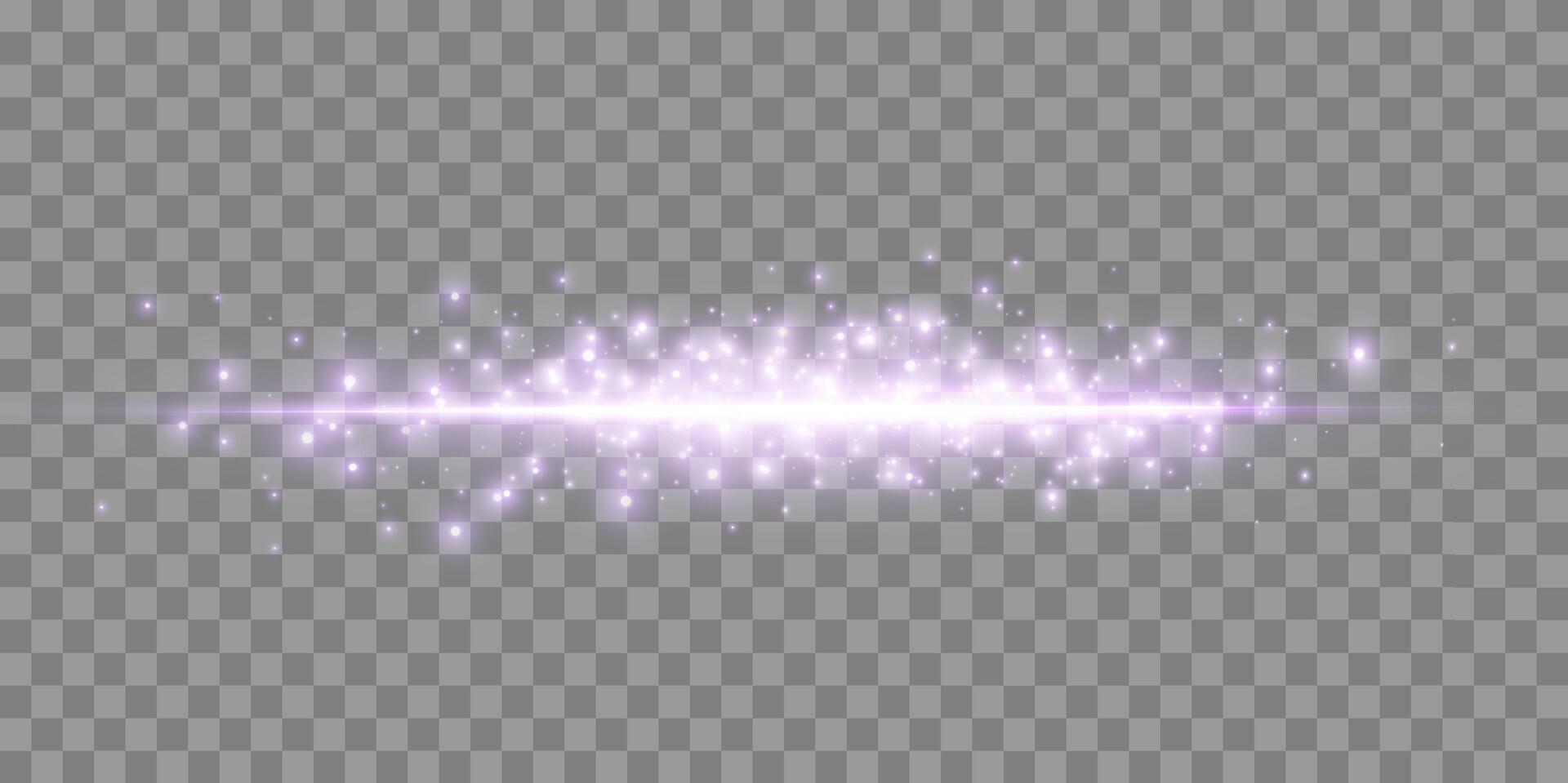 Purple horizontal lensflare and particles. Light flash with rays or violet spotlight and sparkles. Glow flare light effect. vector