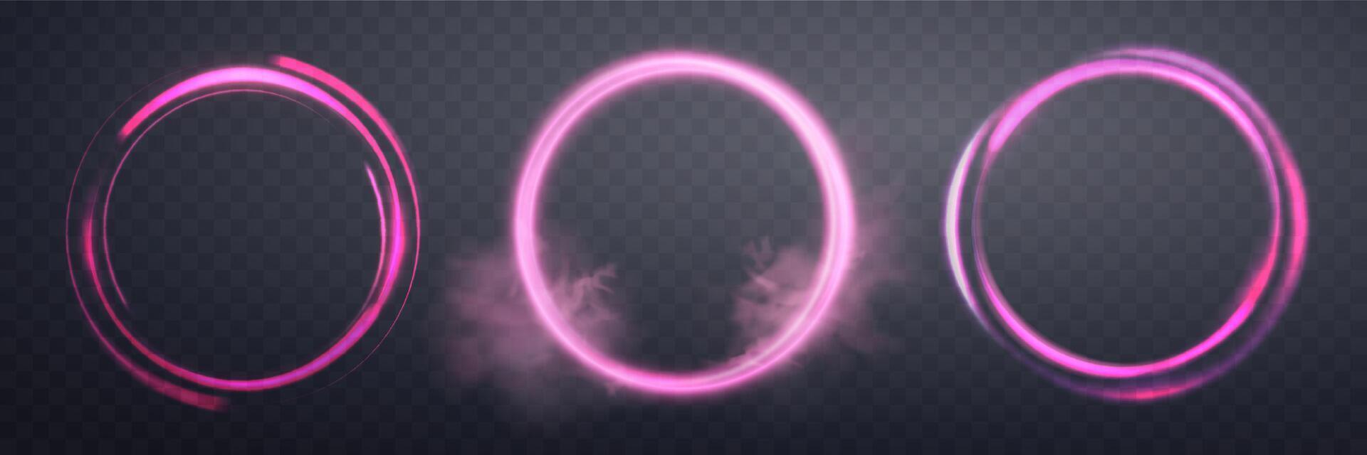 Glowing pink magic rings. Neon realistic energy flare halo rings. vector