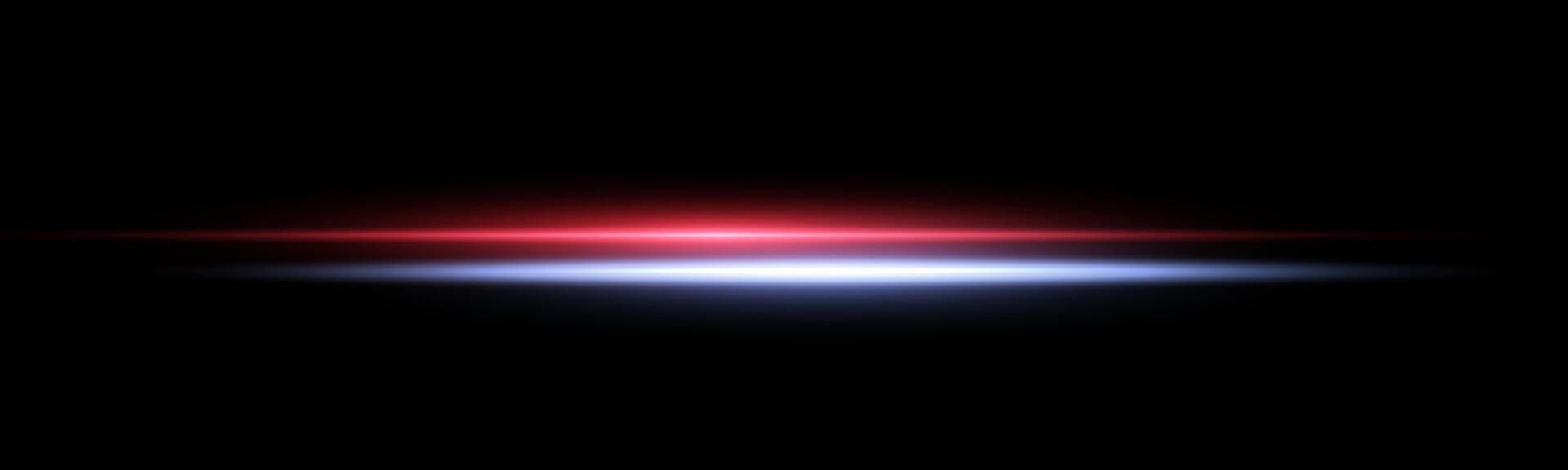 Red and blue horizontal laser beam, light reflections, lensflare. Red and blue police glow flare light effect. Isolated on black background. vector