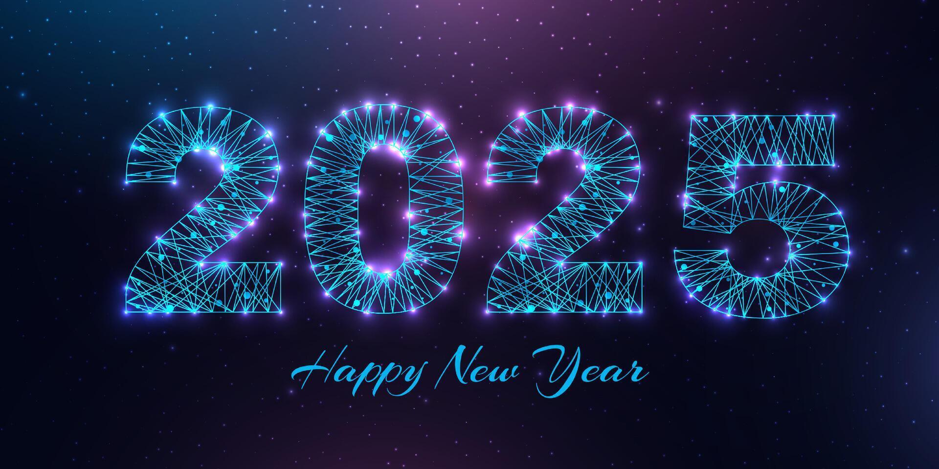 Happy new year 2025 greeting card. Low poly style design. Numbers from a polygonal wireframe mesh. vector
