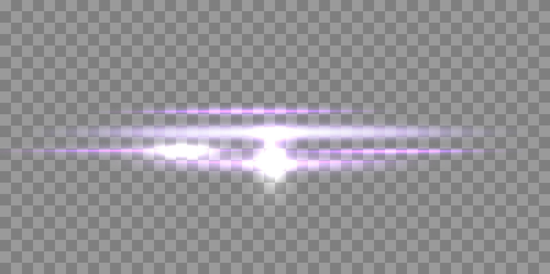 Purple horizontal lensflare and particles. Light flash with rays or violet spotlight and sparkles. Glow flare light effect. vector