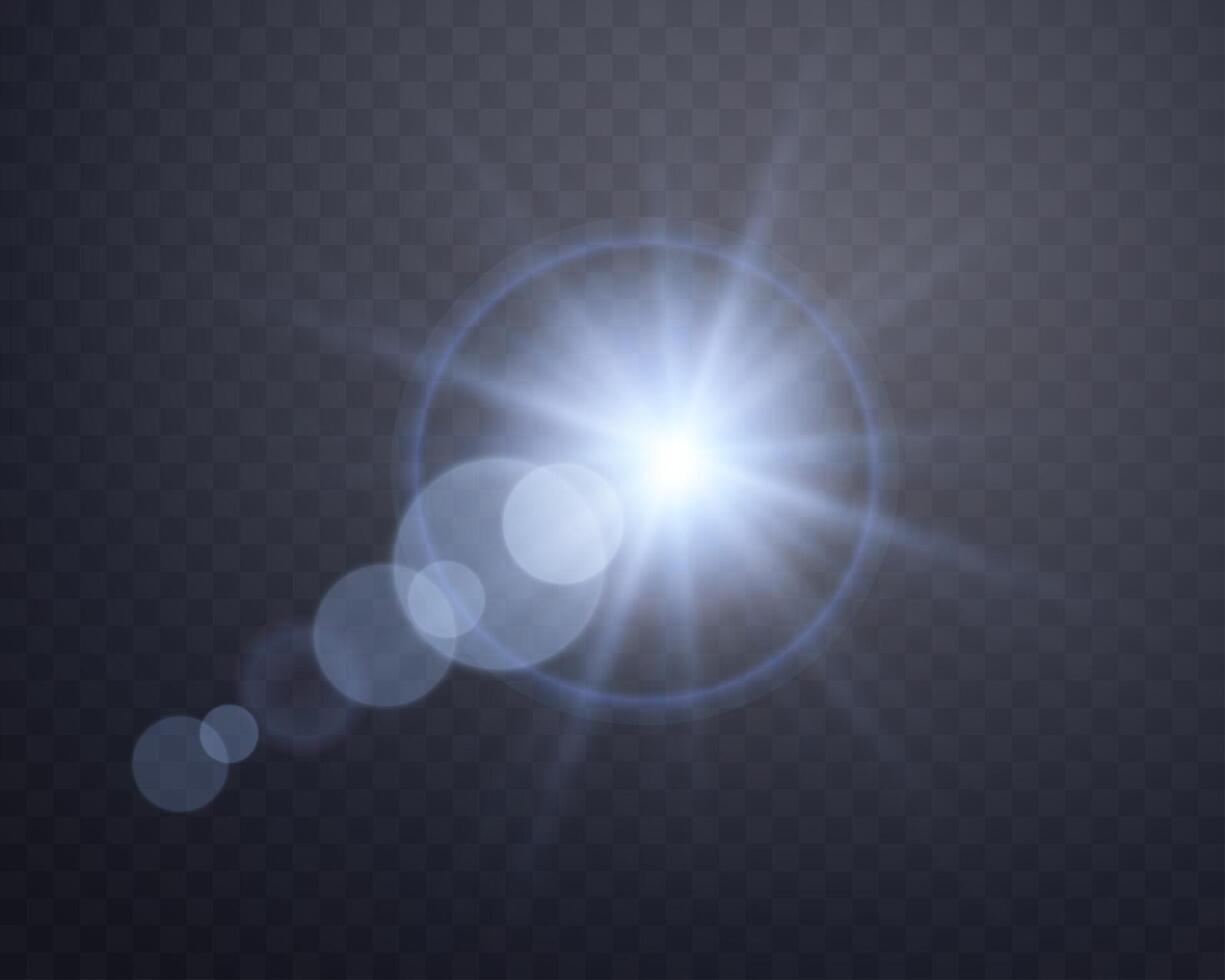 Blue sunlight lens flare, sun flash with rays and spotlight. Glowing burst explosion vector