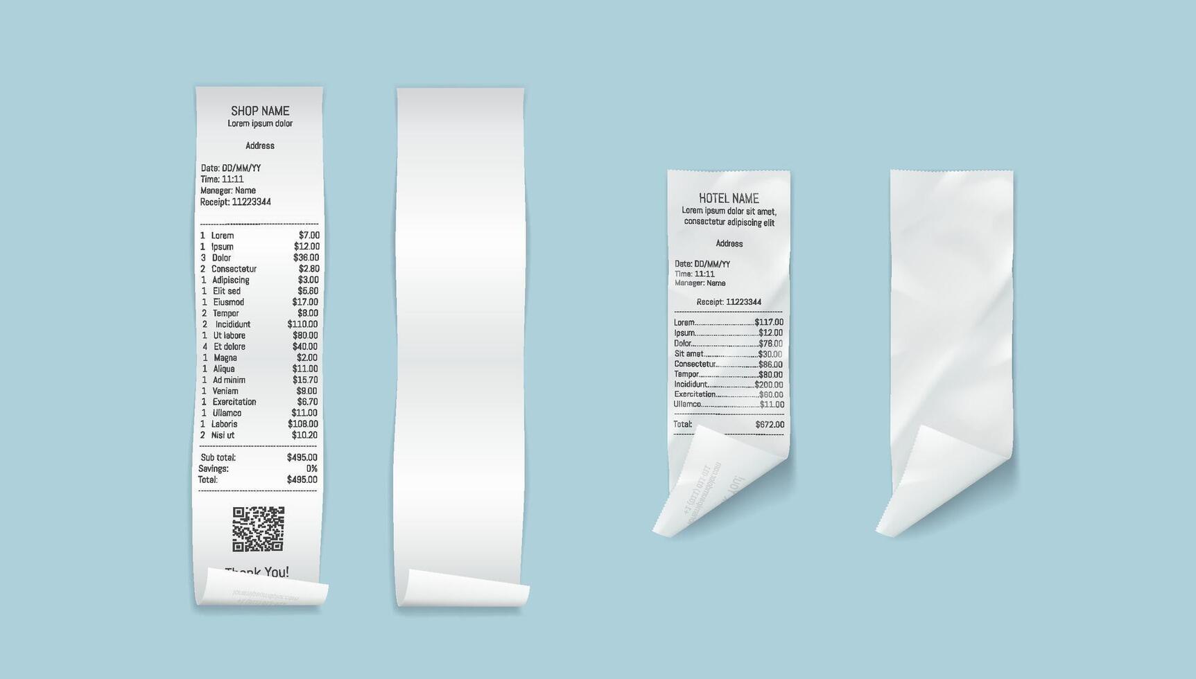 Financial paper bills illustration set. Payment receipts for purchases in shop templates. Financial documents 3d design on light blue vector