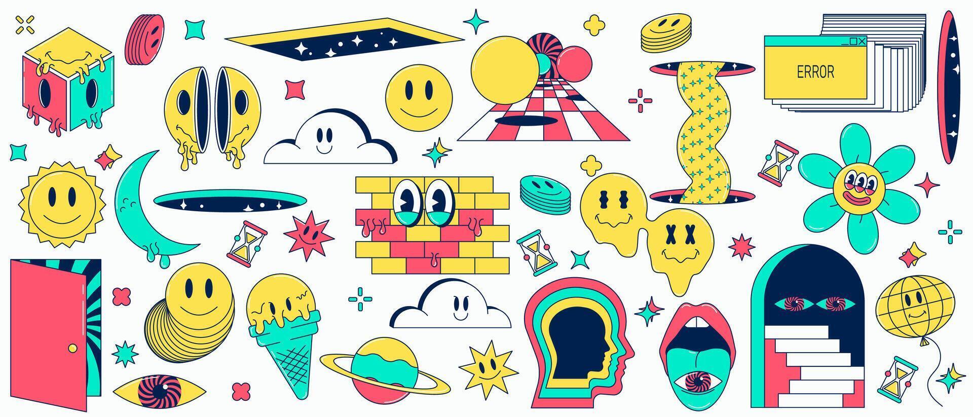 Psychedelic retro cartoon style illustration set. Abstract hallucinations. Surrealistic objects and characters vintage animation art vector