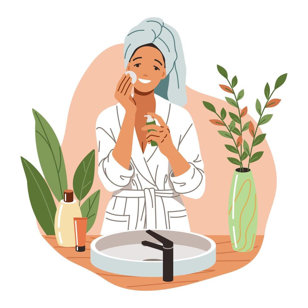 Smiling woman cleaning face with cotton disk flat color illustration. Female pampering skin with cosmetic product concept icon on white vector