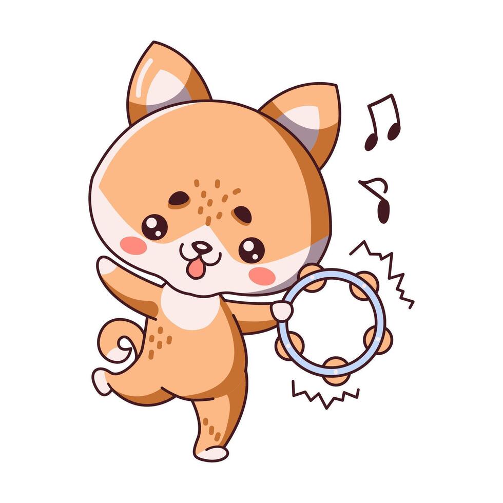 Kawaii fox plays tambourine flat illustration. Funny fox cub creates beautiful and uplifting melody icon on white background vector