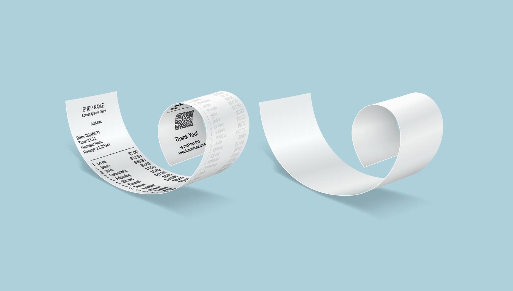 Rolled paper checks realistic illustration set. Blank and filled supermarket bills. Purchases list to pay 3d elements on light blue vector