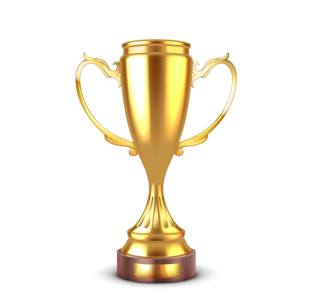 Golden metal cup for best in contest realistic illustration. Elegant reward with handles on podium 3d object on white background vector