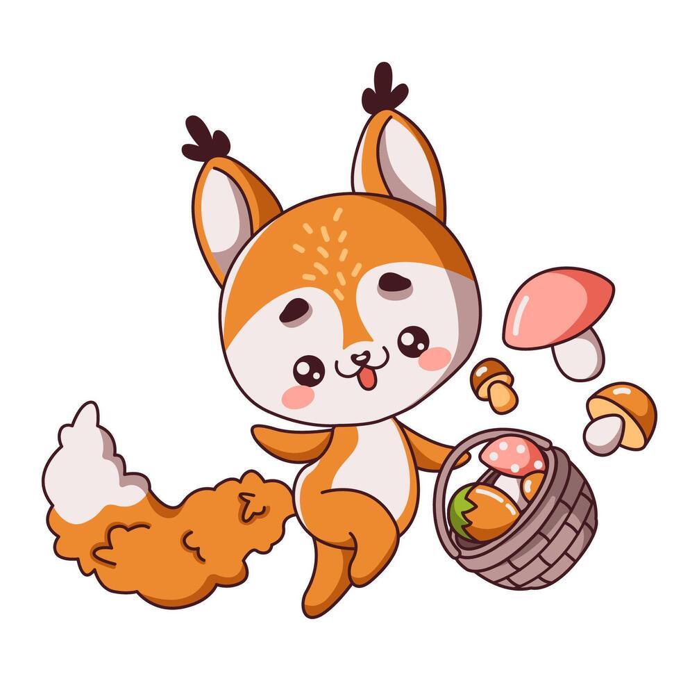 Squirrel jumping up with basket of mushrooms flat color illustrations. Adorable kawaii wild animal exploring forest icon on white background vector