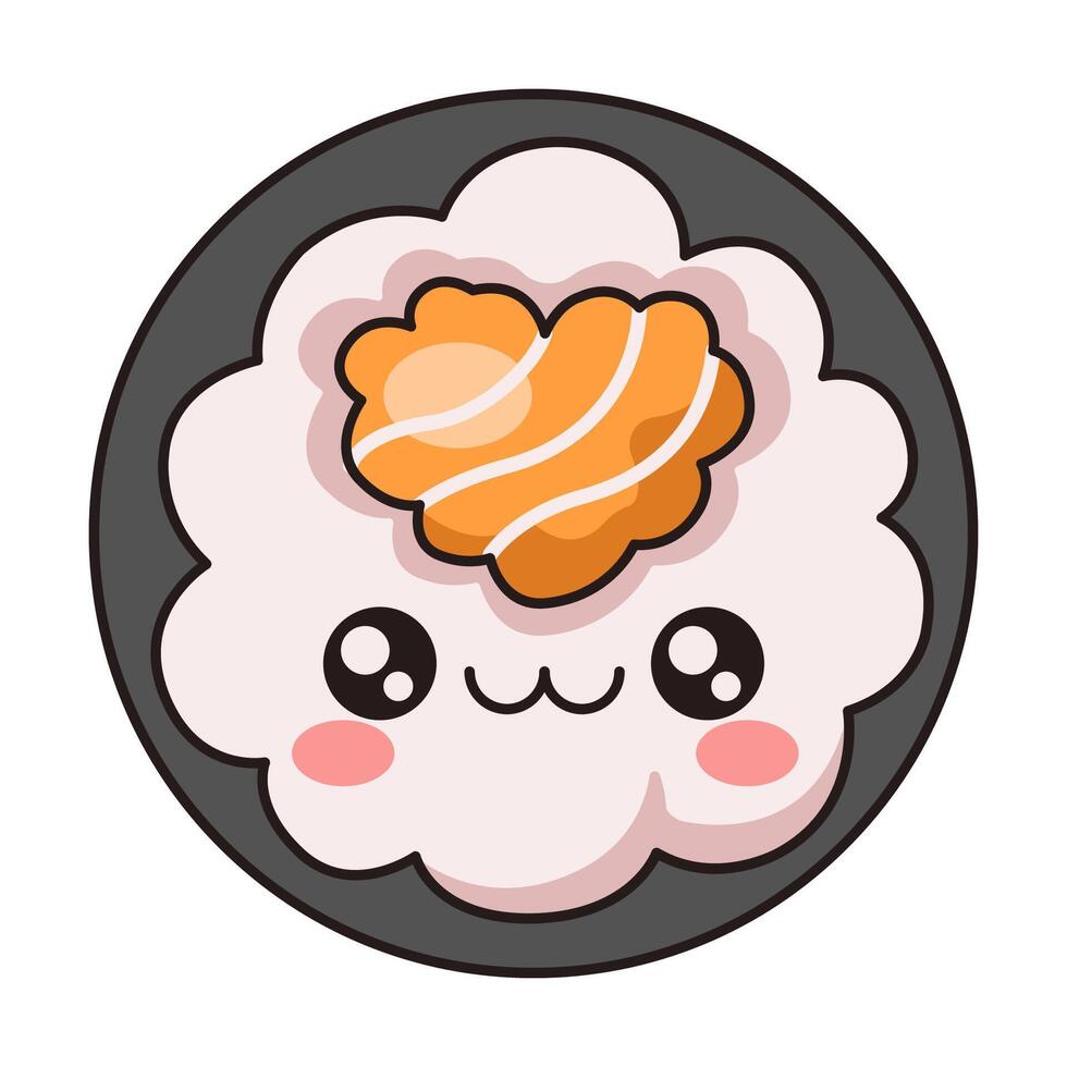 Whimsical humorous sashimi slice flat color illustration. Kawaii seafood character with nice face upper view icon on white background vector