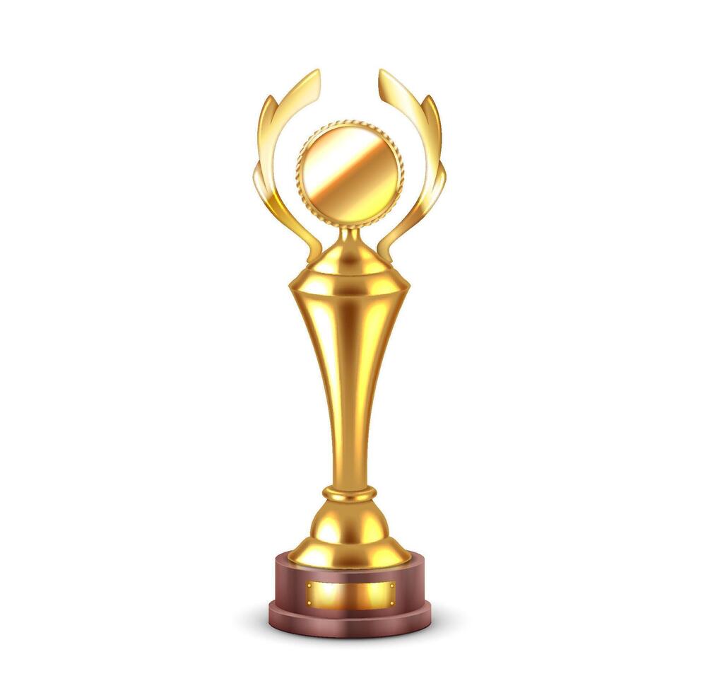 Golden reward with blank medal and wreath realistic illustration. Glowing metal trophy symbol 3d object on white background vector