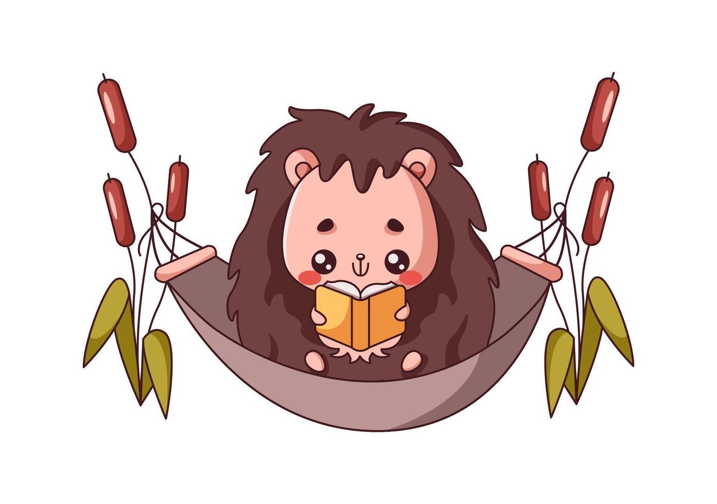 Endearing Kawaii hedgehog relaxing in hammock flat color style. Amusing forest creature enjoying good book icon on white background vector