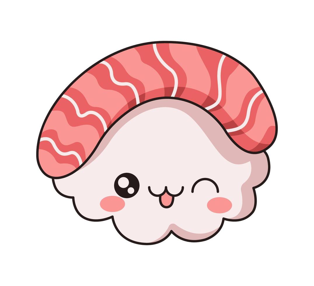 Sashimi with winking expression flat color illustration. Kawaii seafood smiling character with salmon icon on white background vector