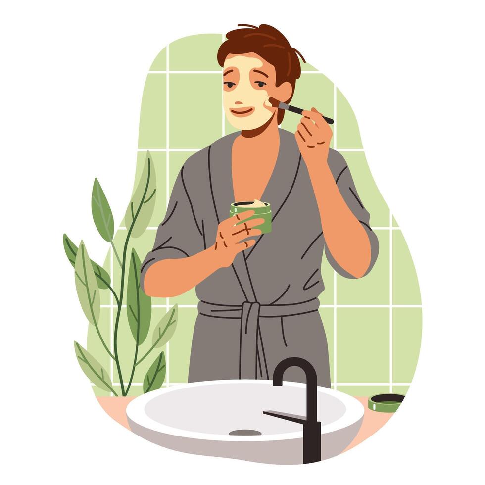 Man in bathrobe applying mask onto face in bathroom flat color illustration. Guy pampering skin with nourishment cosmetics concept icon on white vector