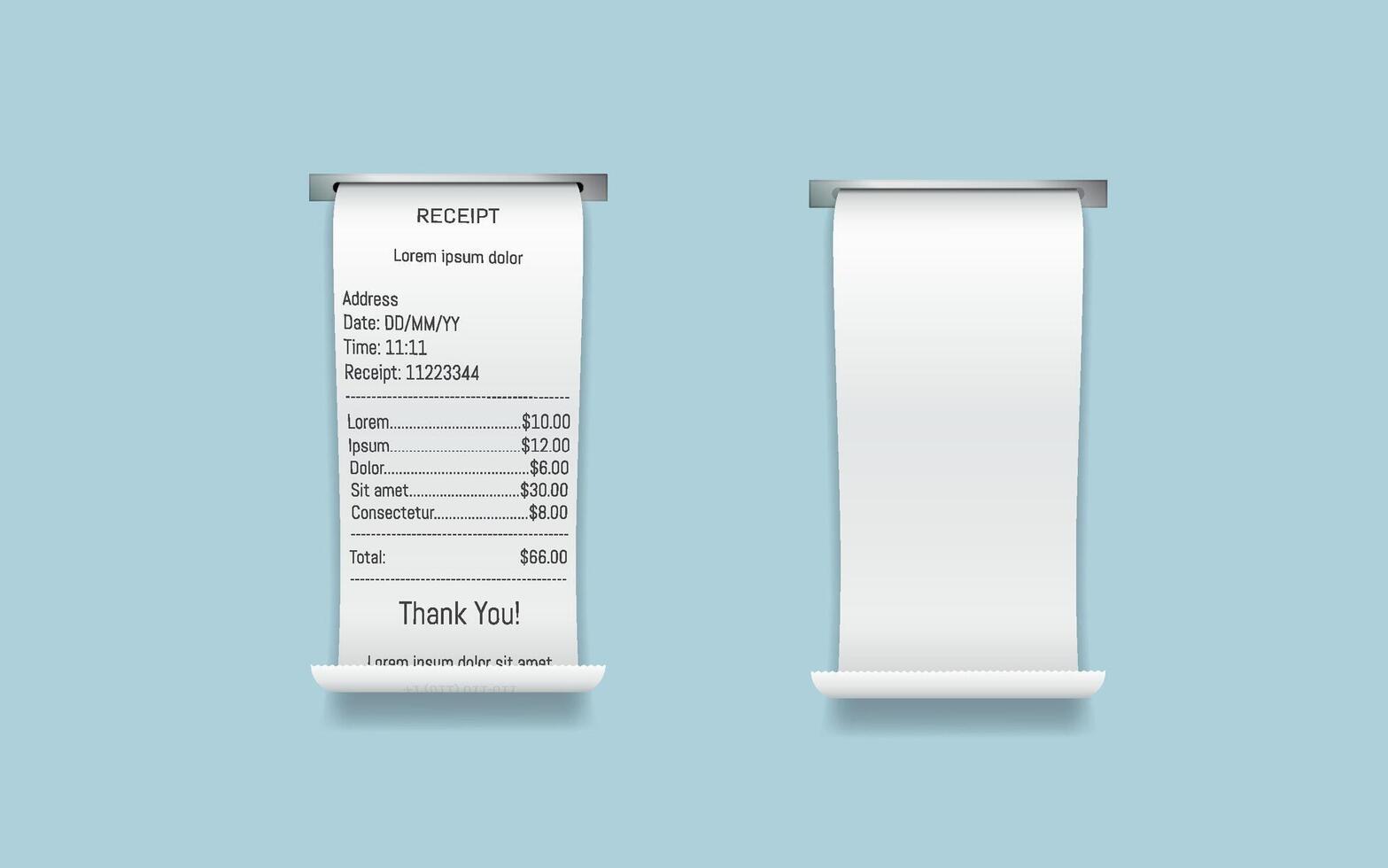Financial paper bills illustration set. Payment receipts for purchases in shop templates. Financial documents 3d design on light blue vector