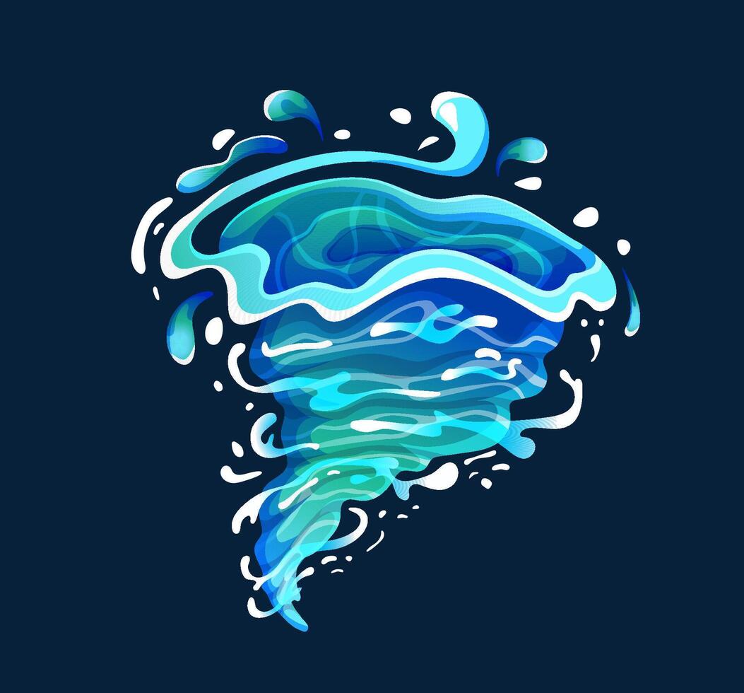 Water whirlpool color icon on dark background. Swirling liquid flow with drops. Aqua vortex cartoon illustration for design project vector