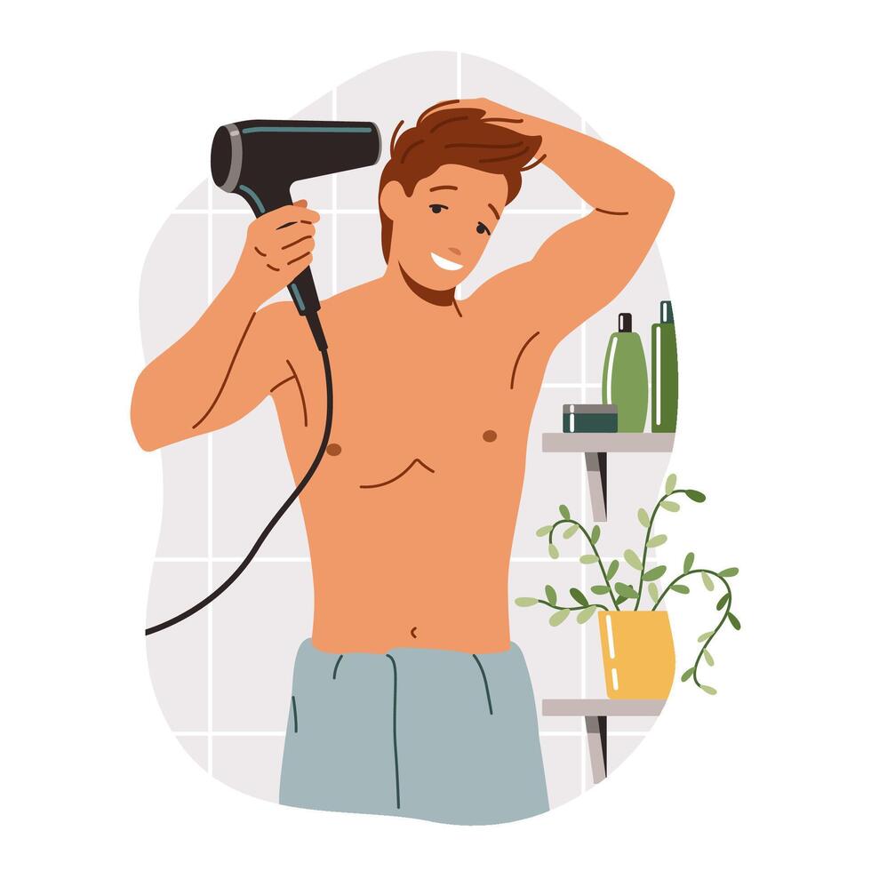 Young man with bare torso drying hair after shower flat color illustration. Handsome male taking care of hairstyle concept icon on white vector