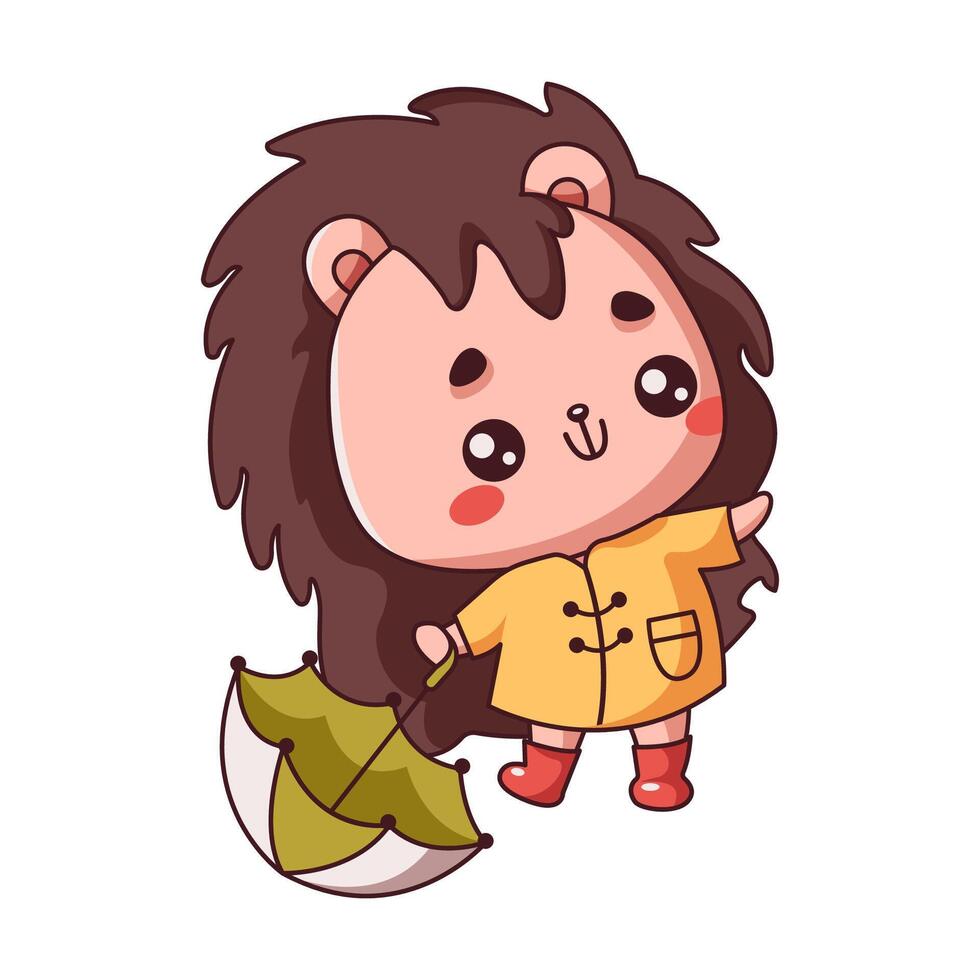 Little Kawaii hedgehog standing with umbrella flat color illustration. Funny forest animal strolling on autumn day on white background vector