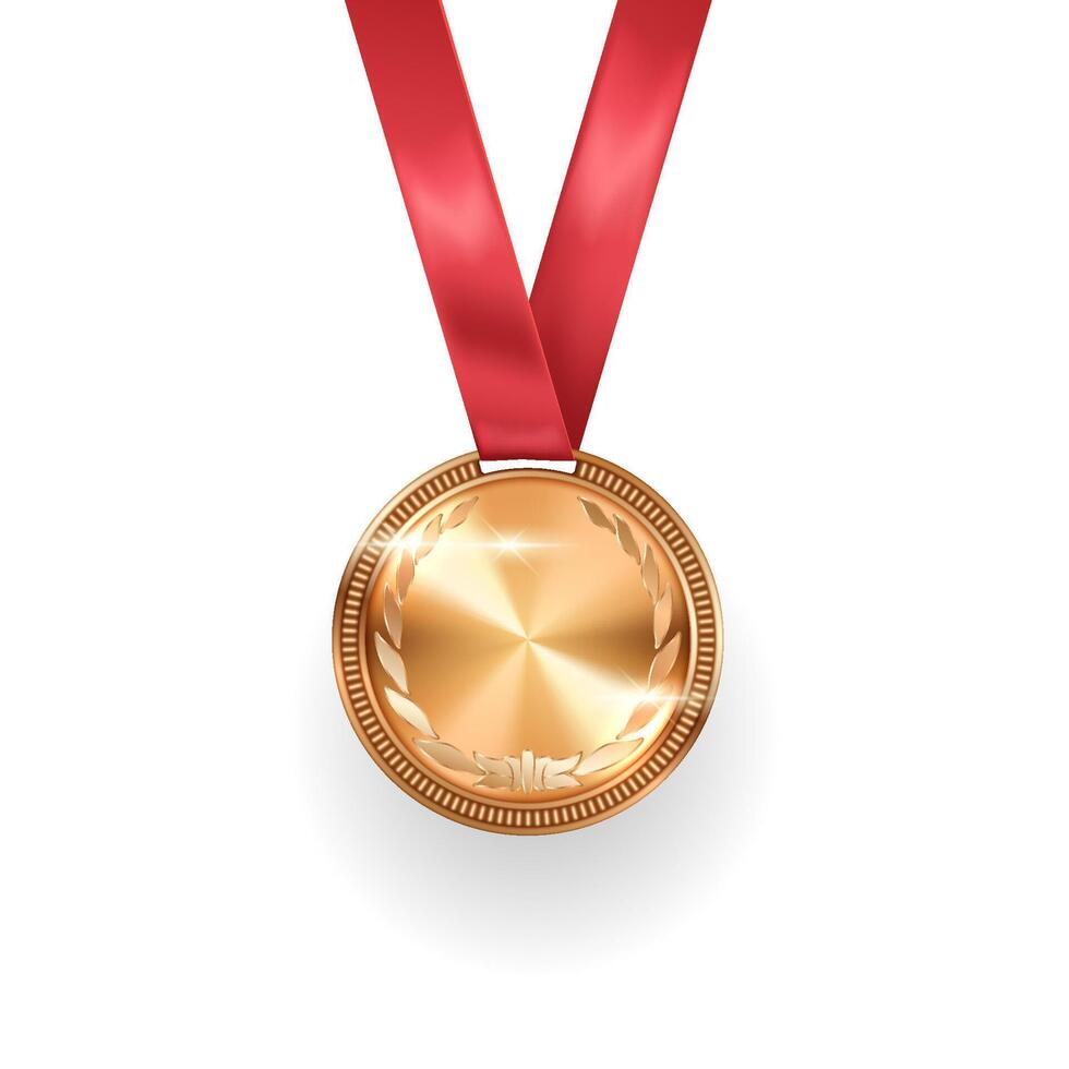 Shiny mockup golden medal on red ribbon realistic illustration. Gold trophy for tournament winner 3d object on white background vector