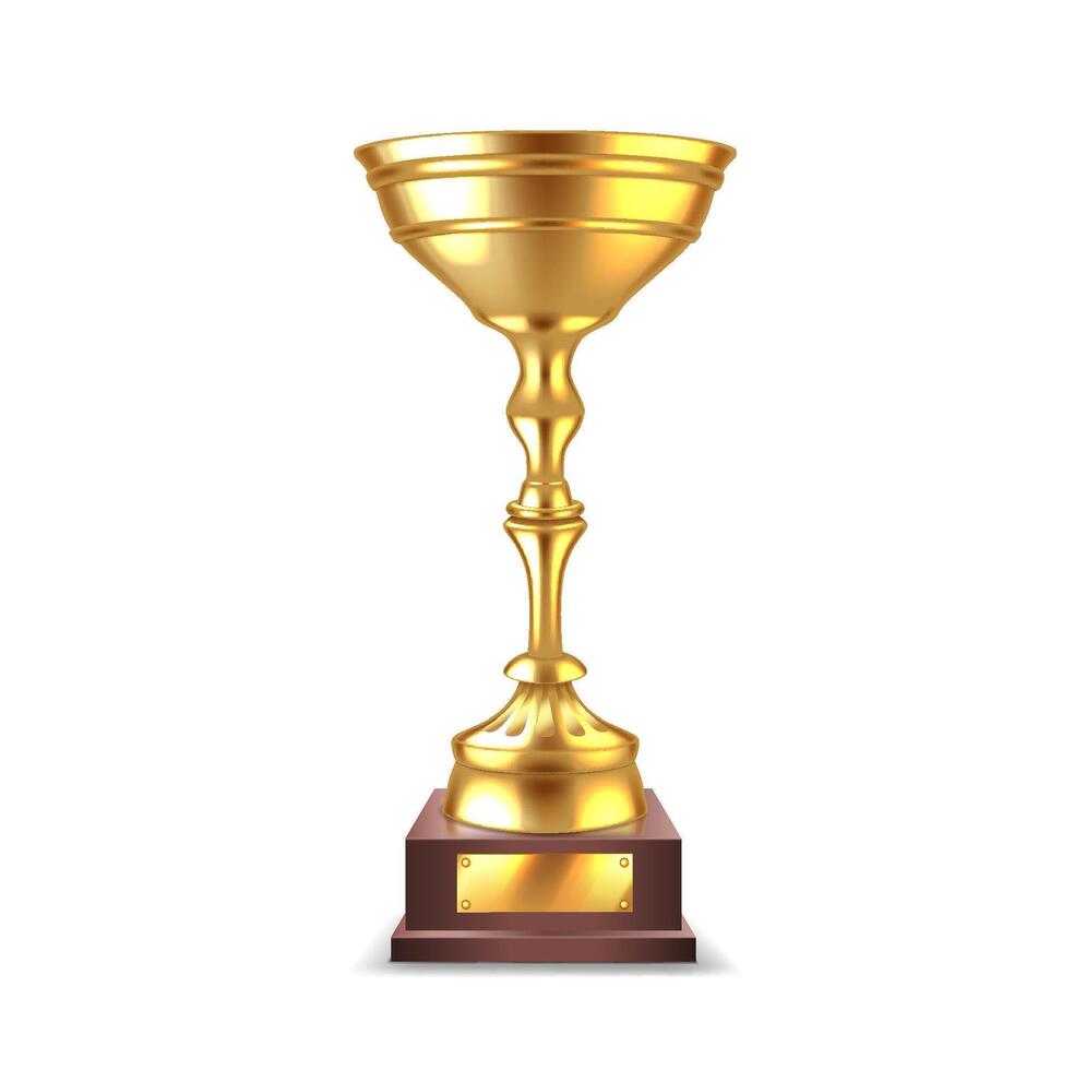 Golden winner cup with ribs realistic illustration. Business achievement. Best participant reward 3d object on white background vector