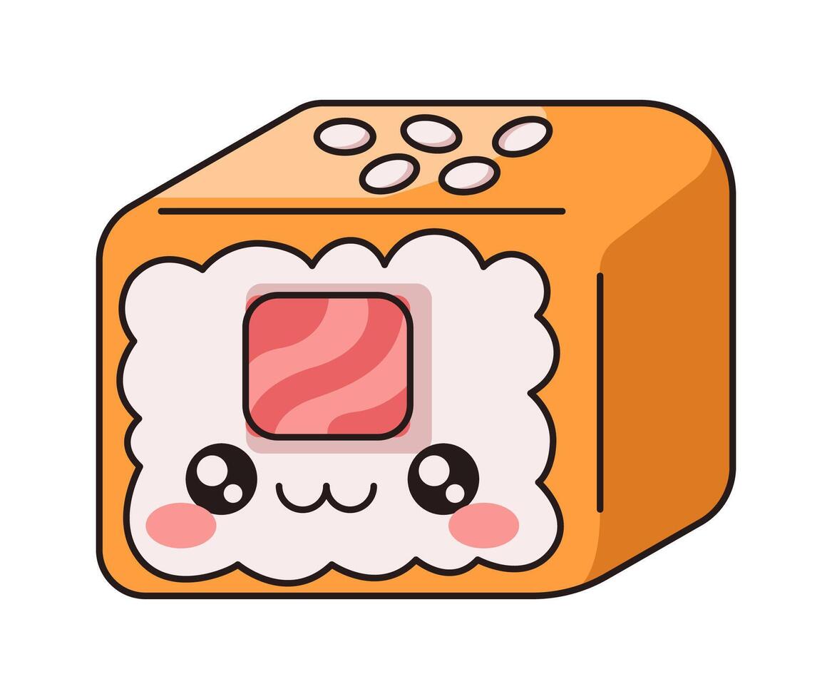 Kawaii cheese sushi roll smiling face flat color illustration. Asian seafood dish. Japanese dinner character on white background vector