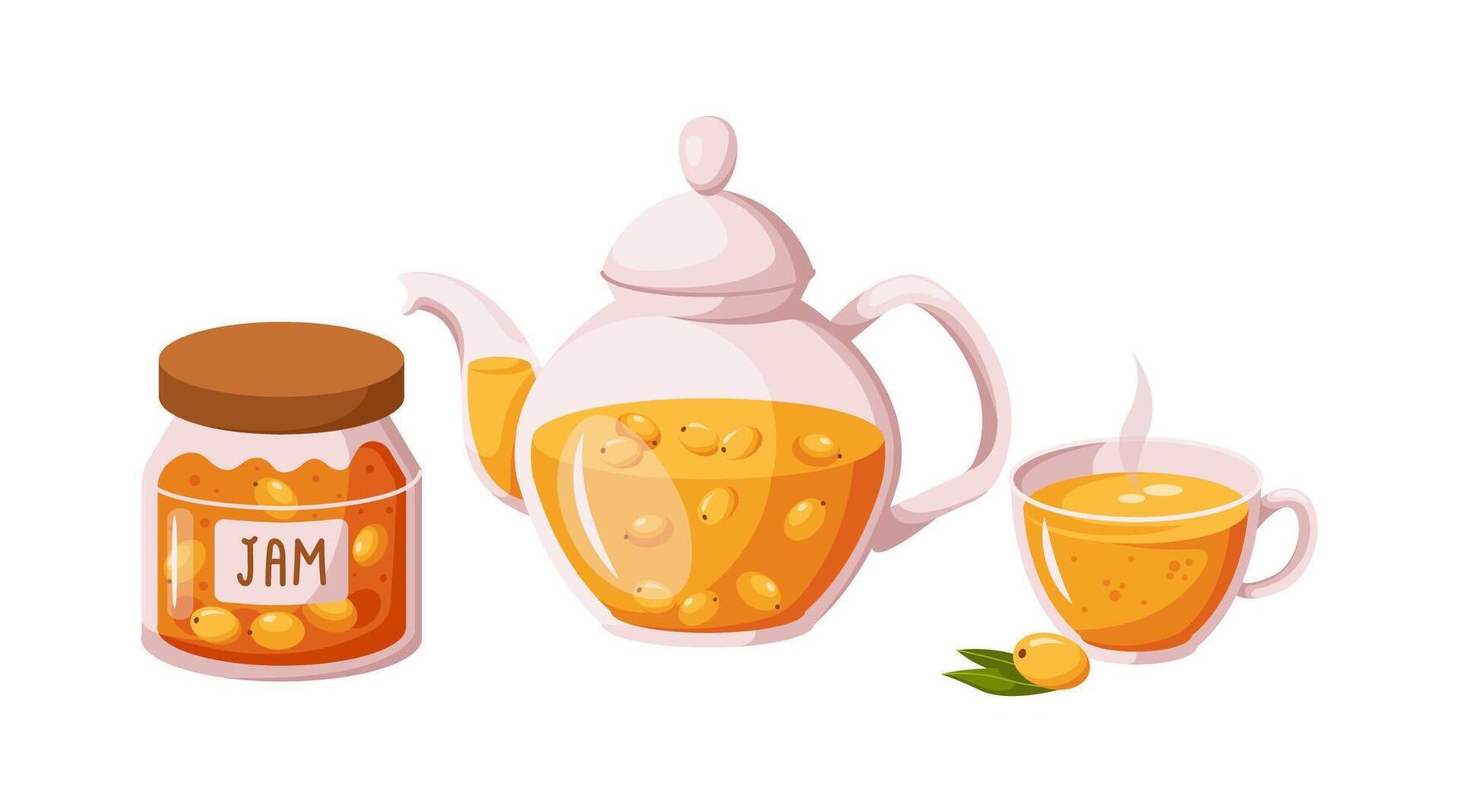 Jam and hot tea made of sea buckthorn berries 2D cartoon objects set. Organic handmade food and drinks flat line icons on white vector