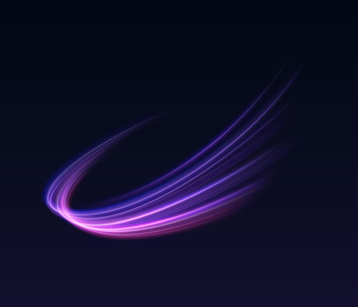 Purple neon lines in wave realistic illustration. Shiny motion trail 3d element on black background. Action concept design template vector
