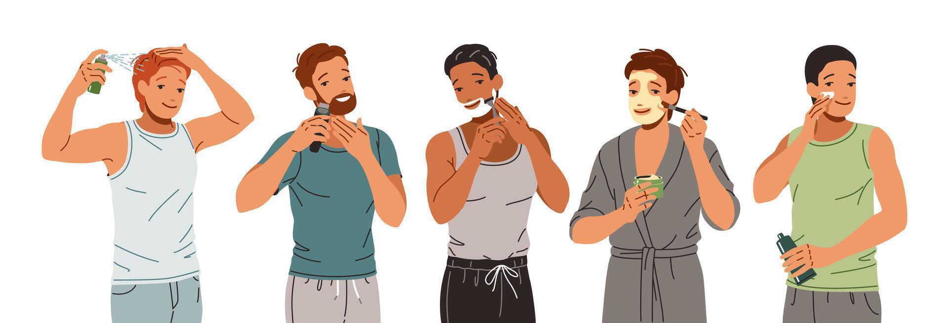 Diverse young men grooming routine flat color icon set. Masculinity pampering. Guys taking care of skin and hair illustration pack on white vector