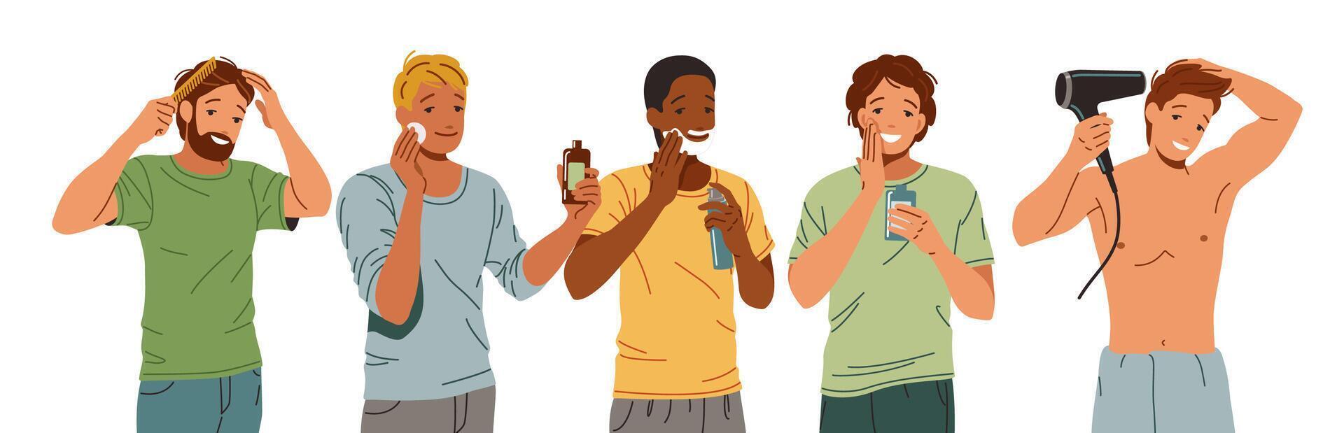 Happy young men doing cosmetic and hygienic procedures flat color icon set. Masculinity and selfcare illustration pack on white background vector