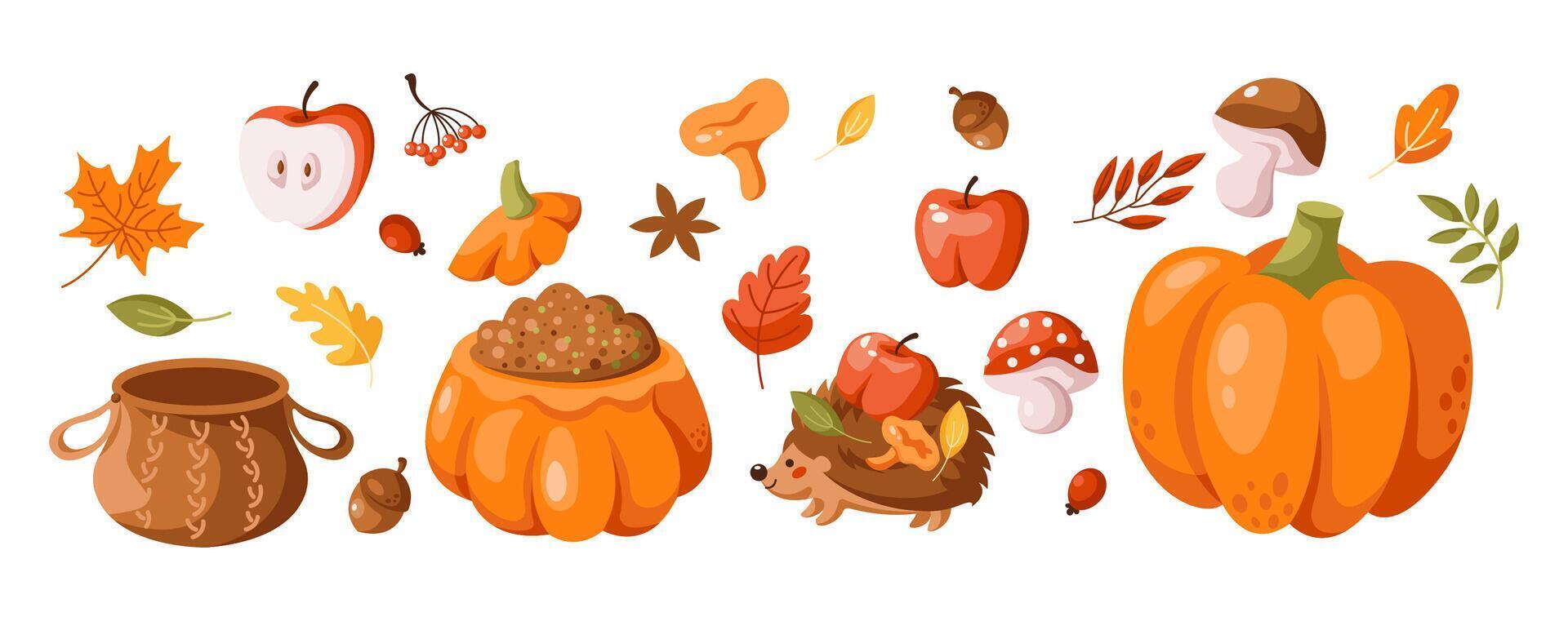 Cozy autumn and Halloween elements 2D cartoon objects set. Warm clothes and tasty food for fall season decoration flat line icons on white background vector