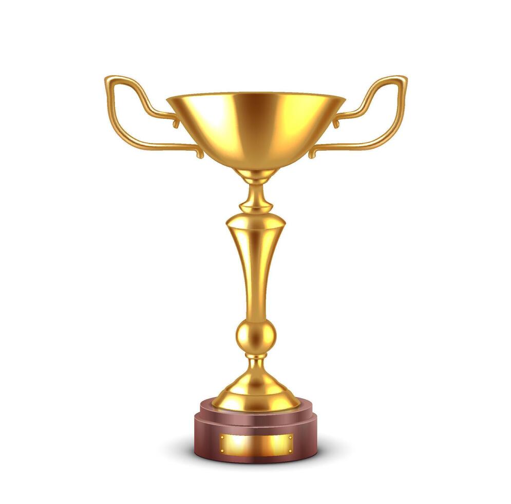 Shimmering golden cup realistic illustration. Traditional bowl reward prepared for competition winner 3d object on white background vector