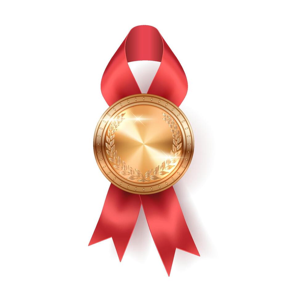 Blank golden medal with red silk ribbon realistic illustration. Business and sports award trophy 3d object on white background vector