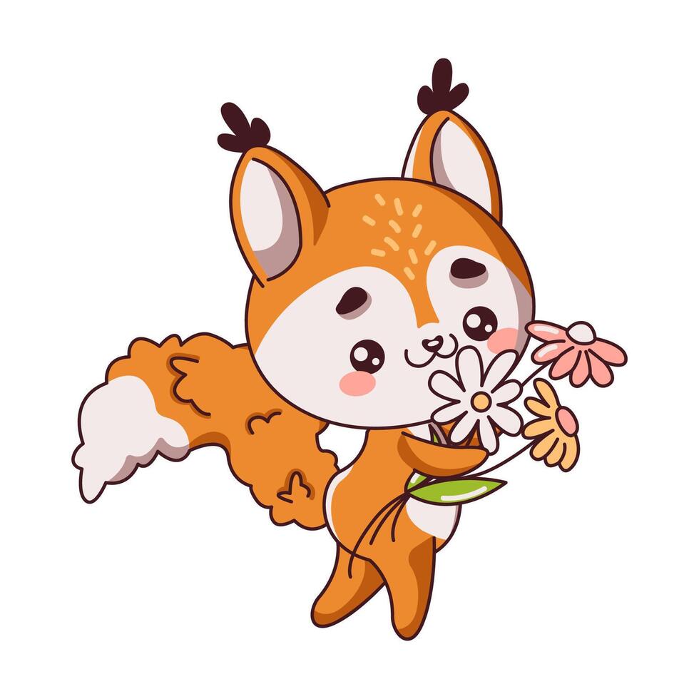 Happy Kawaii squirrel cub with wildflowers flat color artwork. Adorable fluffy wild animal walking across field icon on white background vector