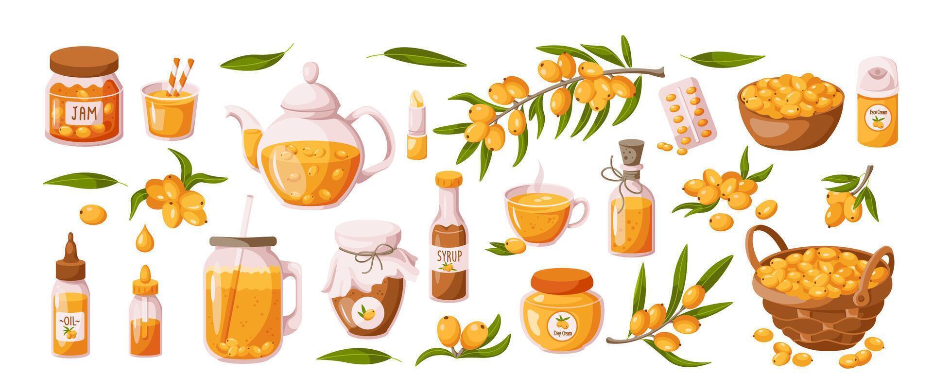 Sea buckthorn berries products 2D cartoon objects set. Healthy food and cosmetics ingredients flat line icons on white background vector