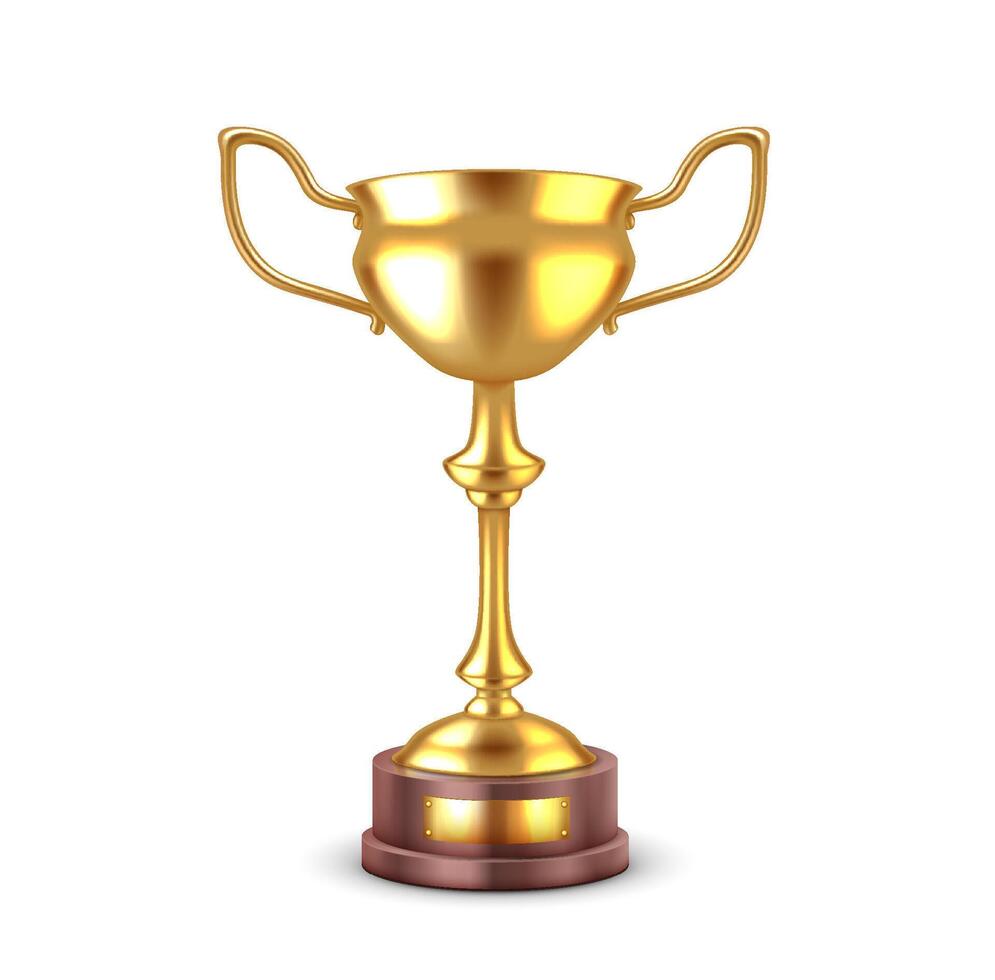 Luxury golden cup on podium realistic illustration. Competition winner. Metal bowl victory reward 3d object on white background vector