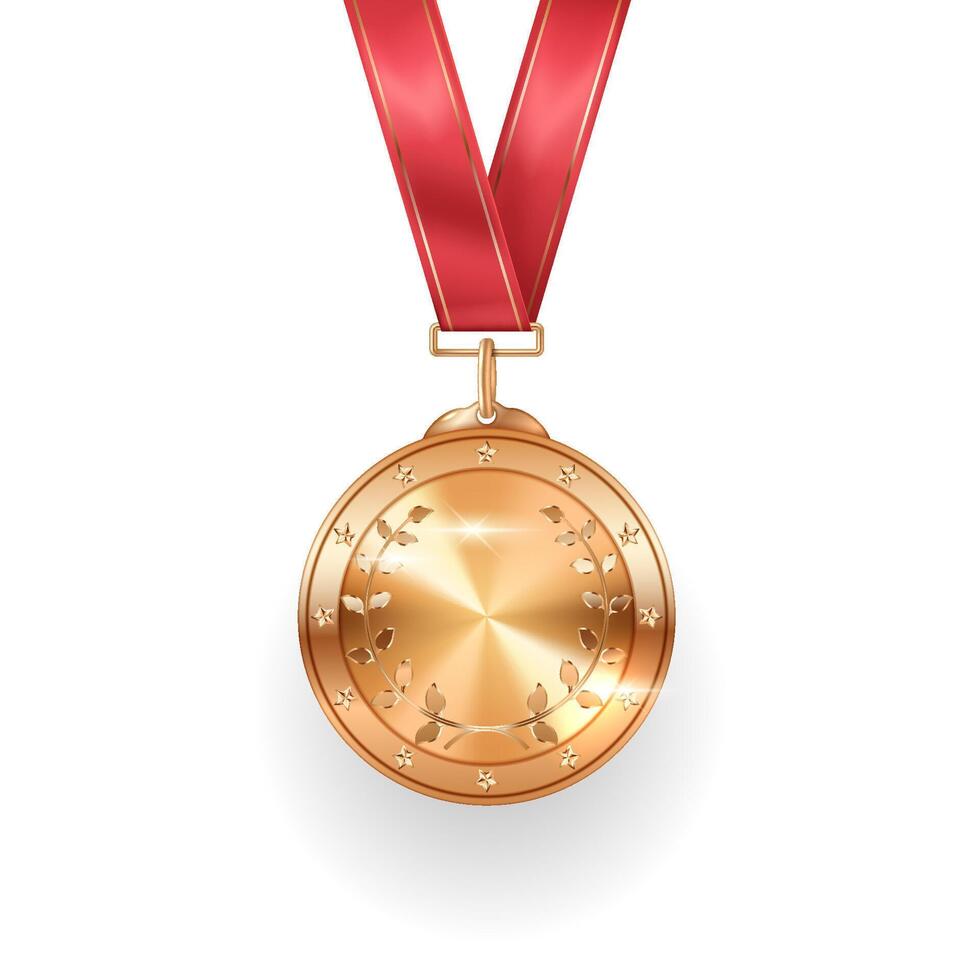 Winner honor gold medal with leaves pattern realistic illustration. First place precious metal reward 3d object on white background vector