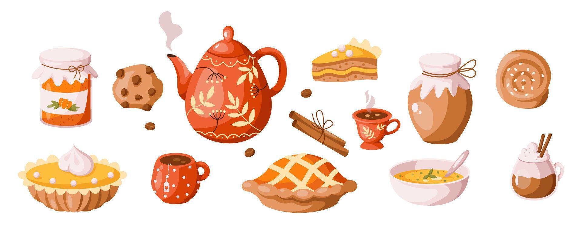 Tasty homemade snacks and drinks of autumn products 2D cartoon objects set. Organic food for fall season flat line icons on white vector