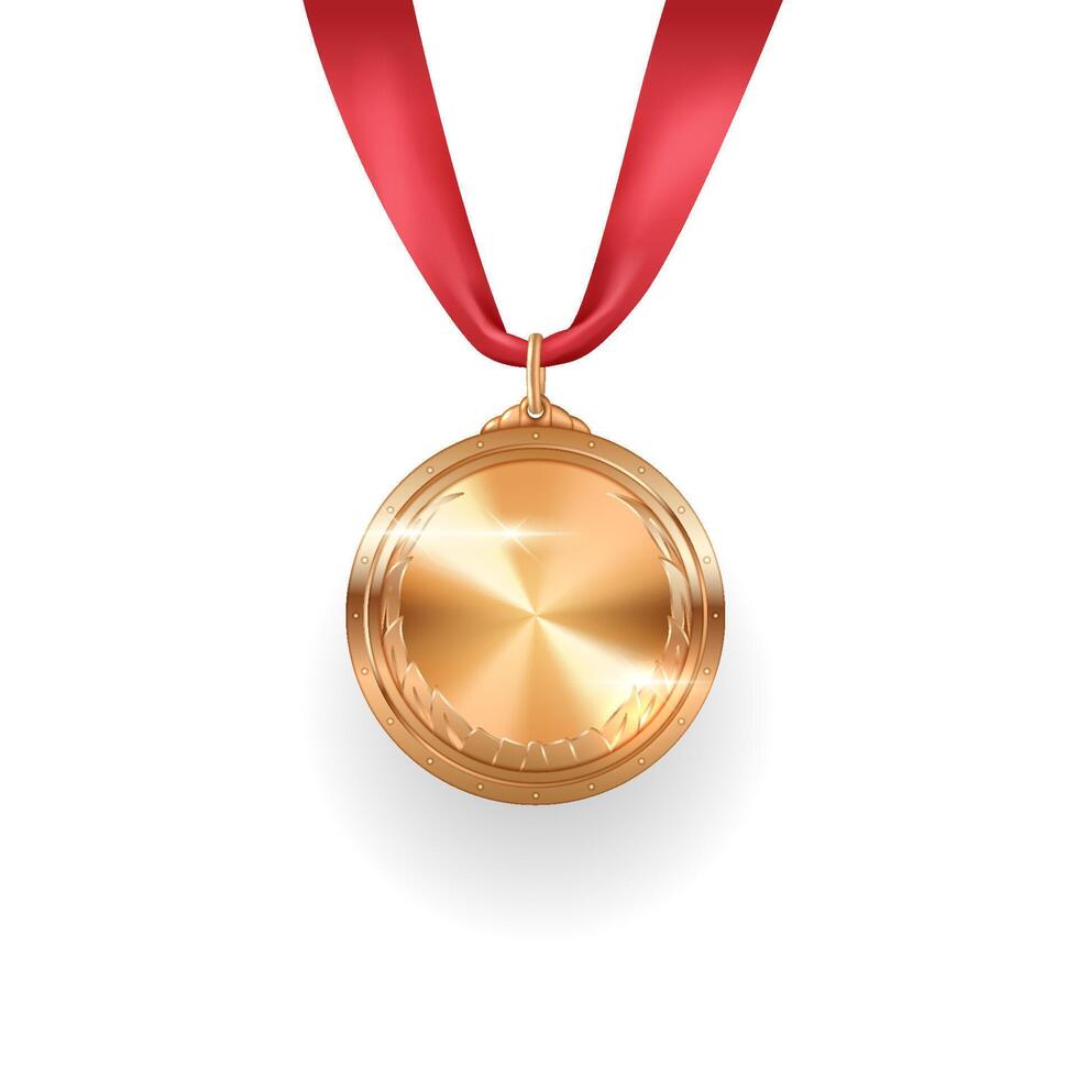 Blank gold medal on scarlet satin ribbon realistic illustration. Victory symbol award with copy space 3d object on white background vector