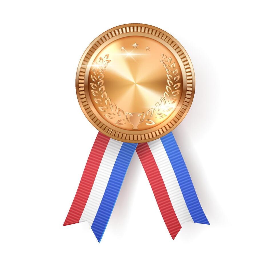 Gold medal with design template realistic illustration. Shiny reward with laurel wrist ornament and France flag colors ribbon 3d object on white background vector