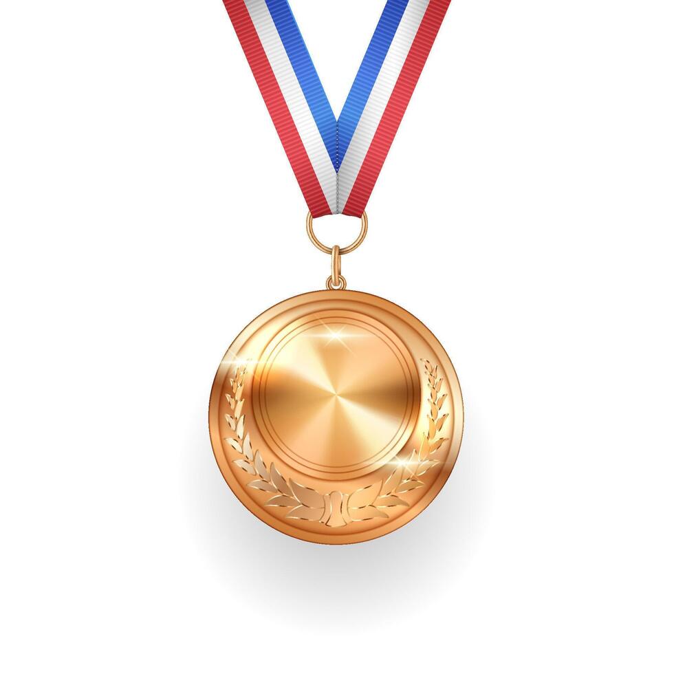 Gold medal decorated with laurel wreath realistic illustration. Best in contest reward with design template on ribbon of France flag colors3d object on white vector