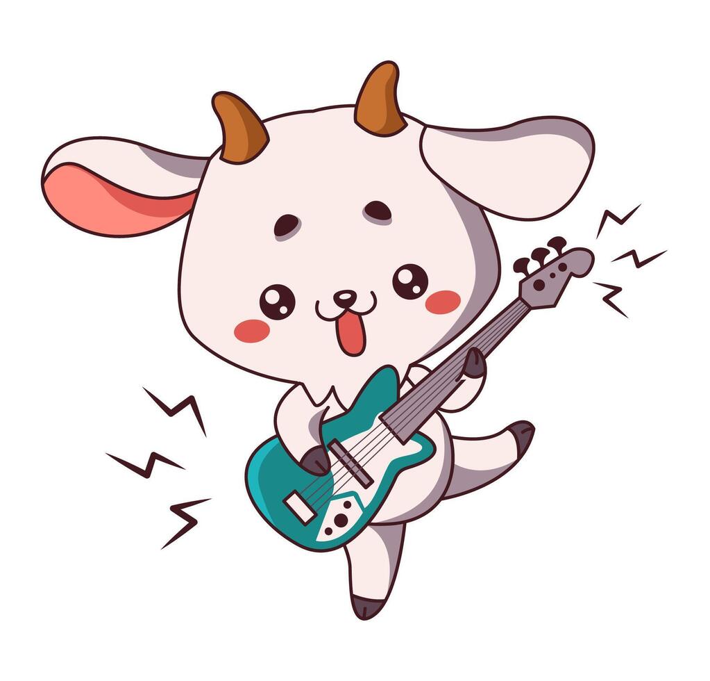 Kawaii goat strums guitar strings flat color illustration. Cheerful dancing goatling creates lively melody icon on white background vector