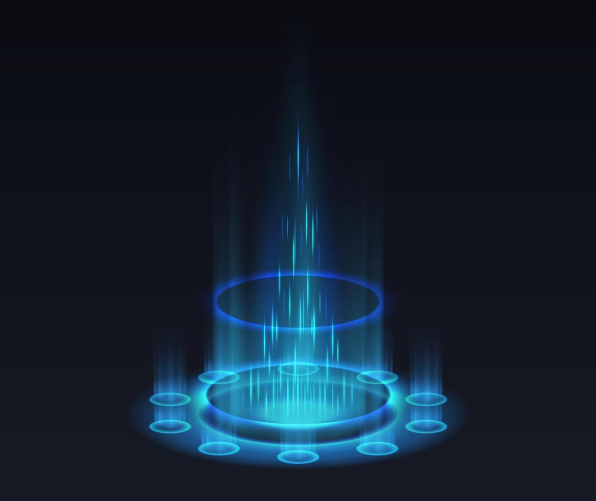 Teleportation portal realistic illustration. Level up energy splash effect 3d elements in blue on black background. Videogame template vector