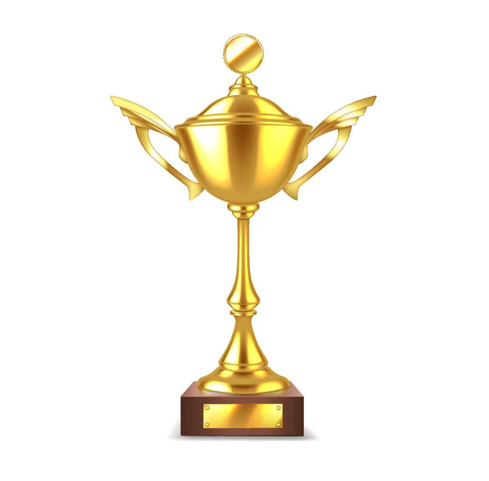 Classic golden cup realistic illustration. Business leadership. Shiny victory trophy with design template 3d object on white background vector