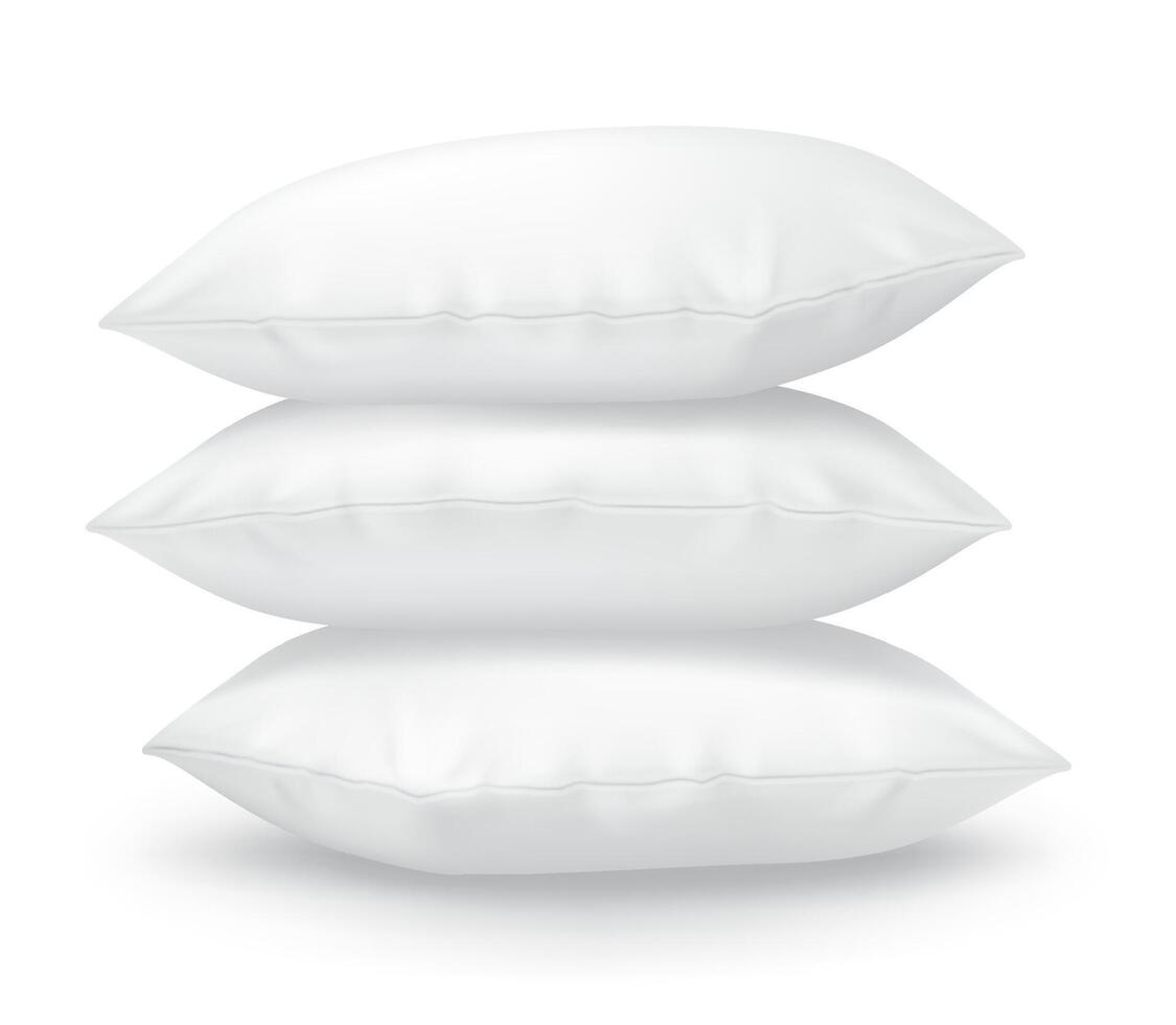 White pillows stack realistic illustration. Fluffy cushions for bedroom 3d models on white background. Bedding items for sleeping vector
