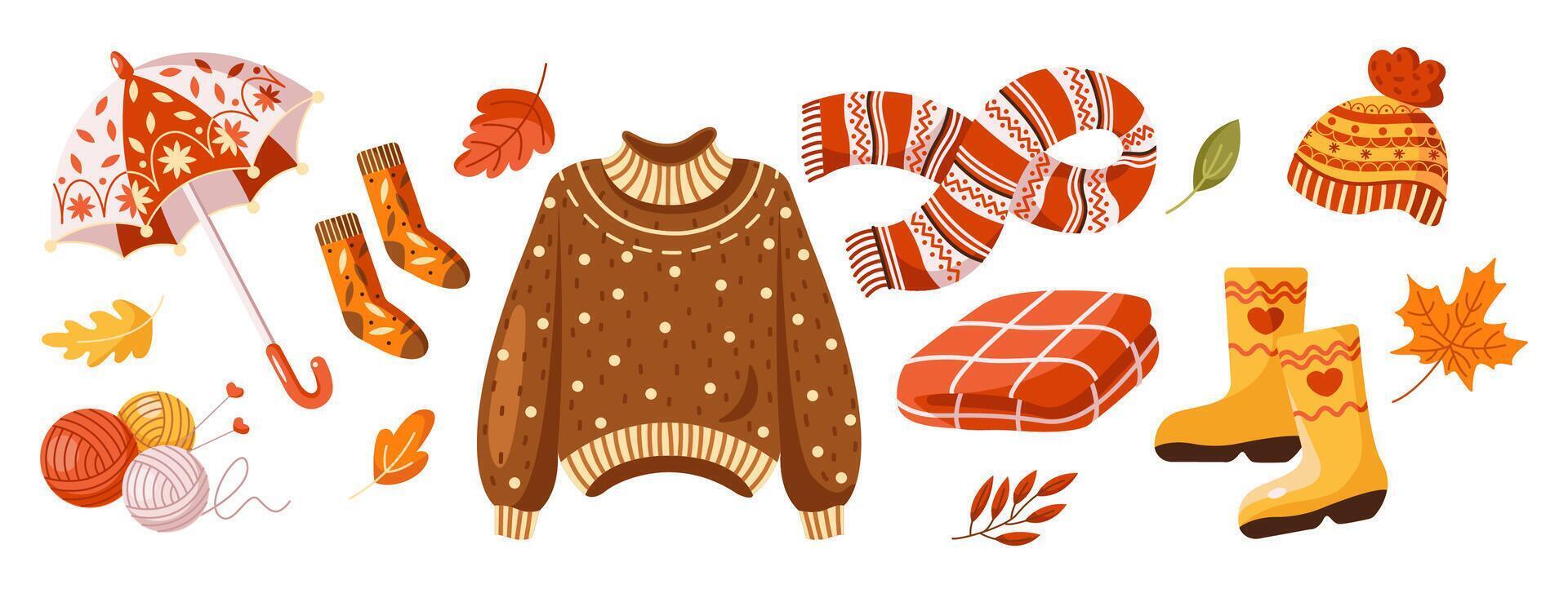 Warm clothes for cold autumn weather 2D cartoon objects set. Fall season cozy fashion items flat line icons on white background vector