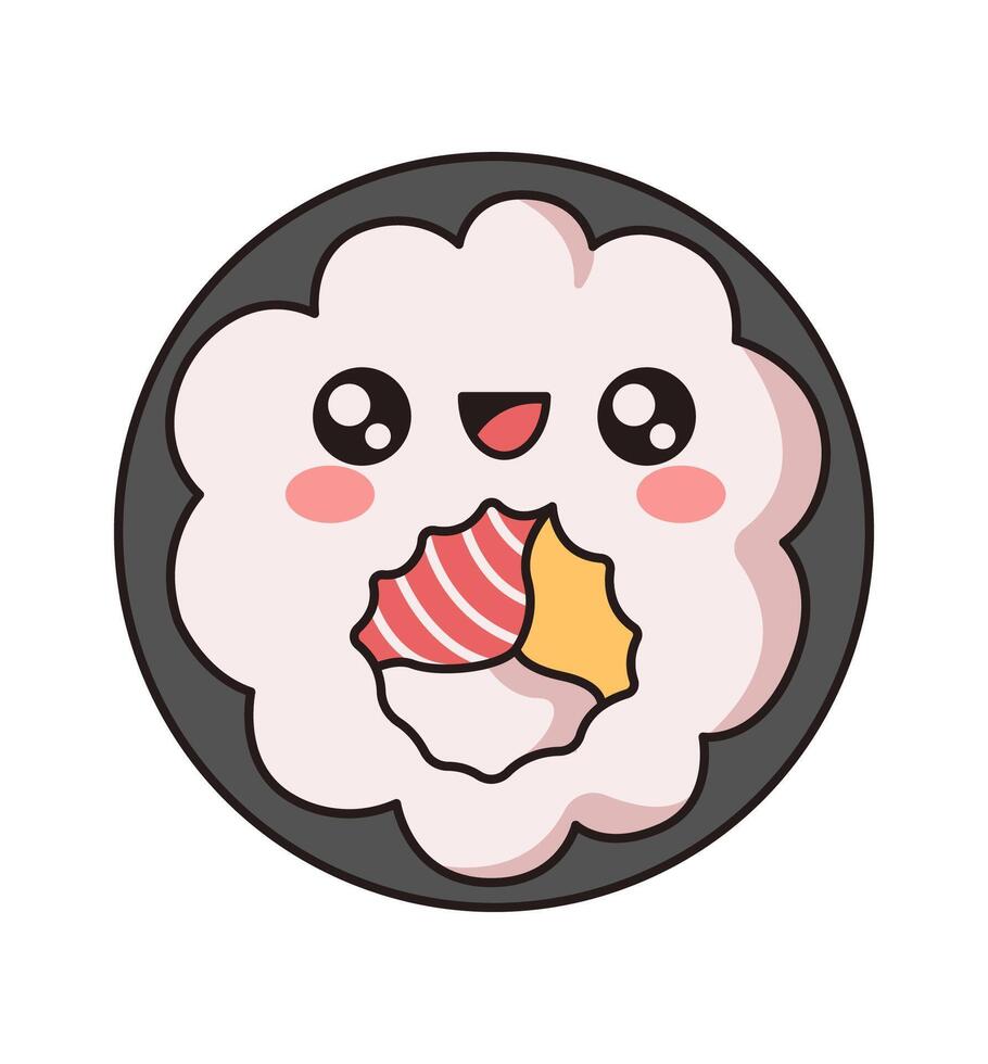 Funny sashimi round slice flat color illustration. Design of baby sushi icon embodies Asian food displayed on white background vector