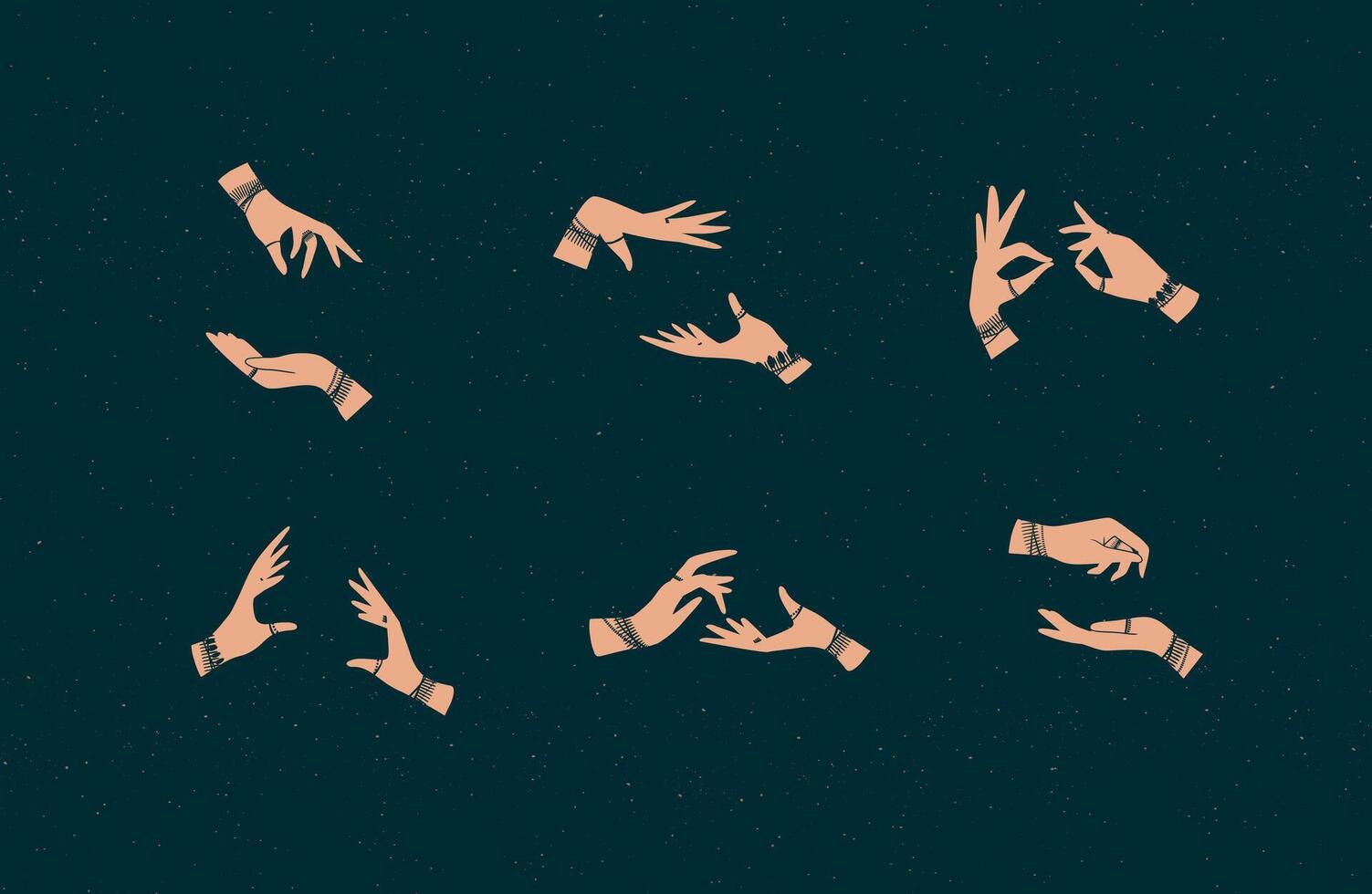 Hands pair with bracelets and rings in ethnical style in different positions to express emotions drawing on dark background vector