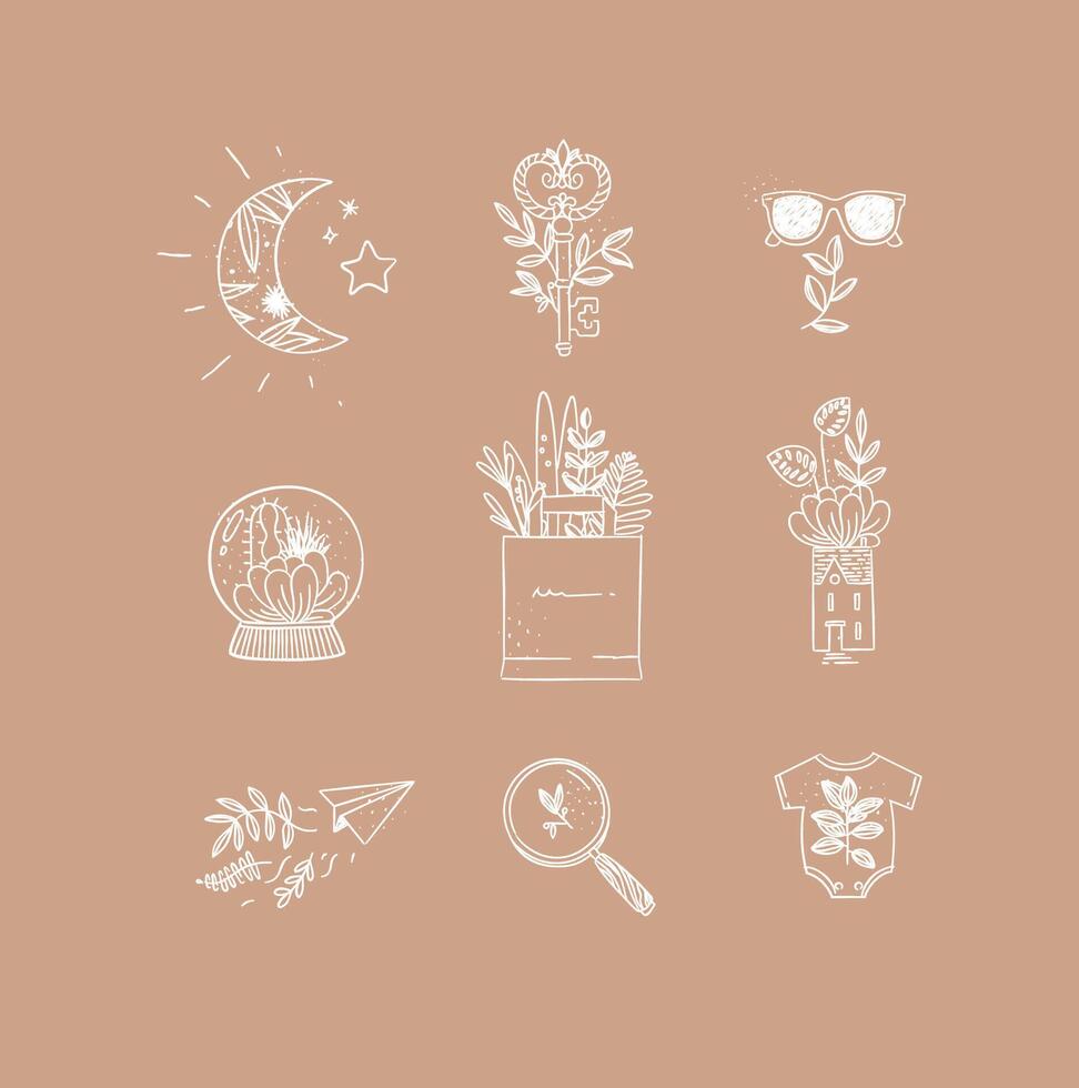 Set of nature icons in hand made line style moon, key, glasses, glass ball, grocery bag, house, paper plane, magnifier, baby clothes drawing on peach background vector