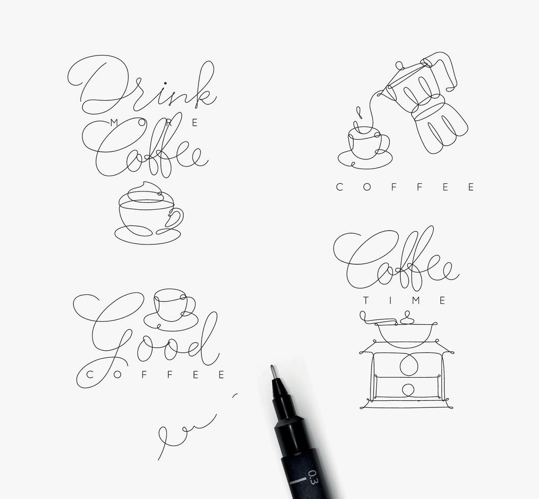 Coffee symbols lines with lettering in pen hand drawing style on white background vector