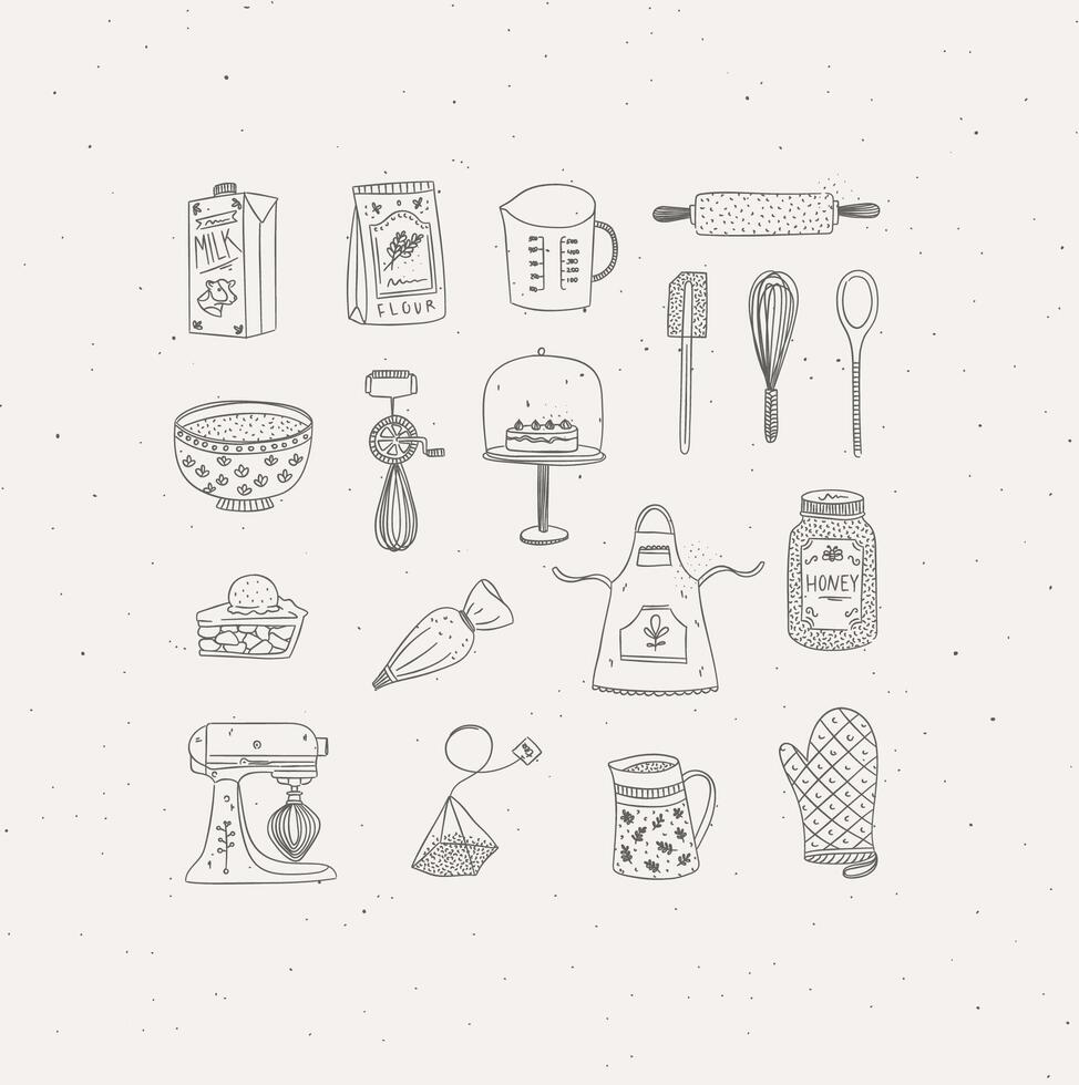 Set of kitchen bakery stuff drawing in handmade graphic primitive casual style on grey background. vector
